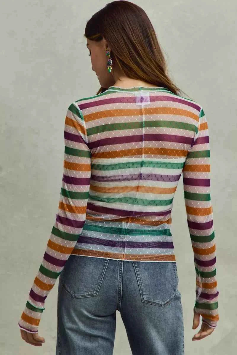 SO ME Mardi Gras Color Stripe Stretch Mesh Top