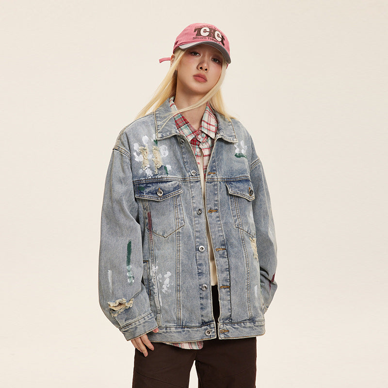 Unisex Washed Graffiti Ripped Denim Jacket - Retro My Store 