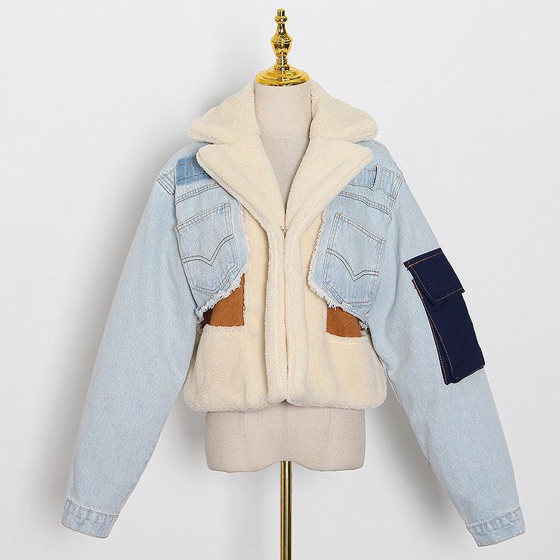 Fashion Stitching Loose Thick Casual Denim Lamb Wool Short Coat My Store  52.89