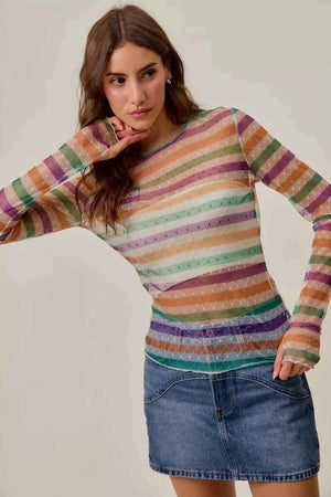 SO ME Mardi Gras Color Stripe Stretch Mesh Top