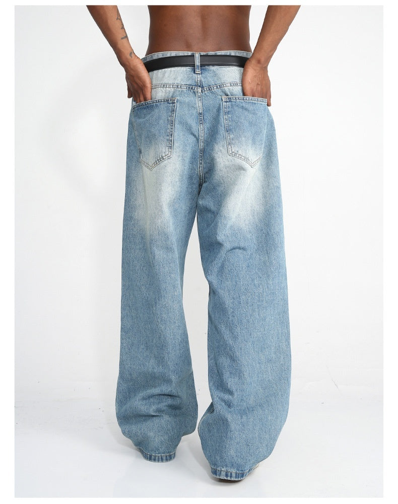 Men's Blue Straight Wide Leg Jeans – Casual Cotton Blend Trousers