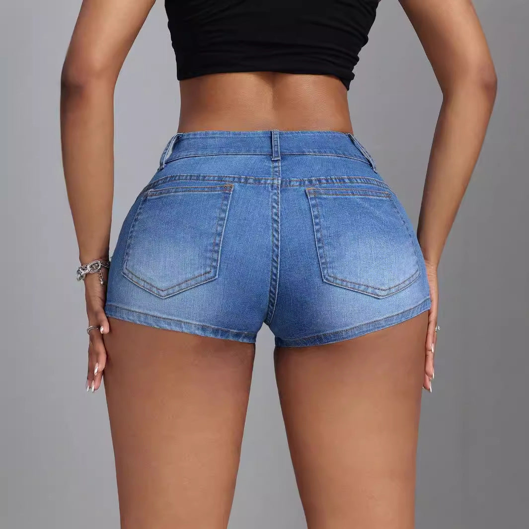 Women’s Denim Shorts - Beaded Mid-Waist Blue My Store 