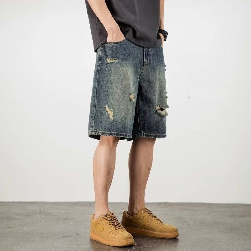 Men’s Denim Shorts - Retro Loose Hole Blue My Store 