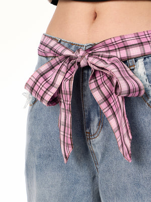 Plaid Stitching Wide Leg Jeans with Bowknot – Sweet & Trendy MJ room 