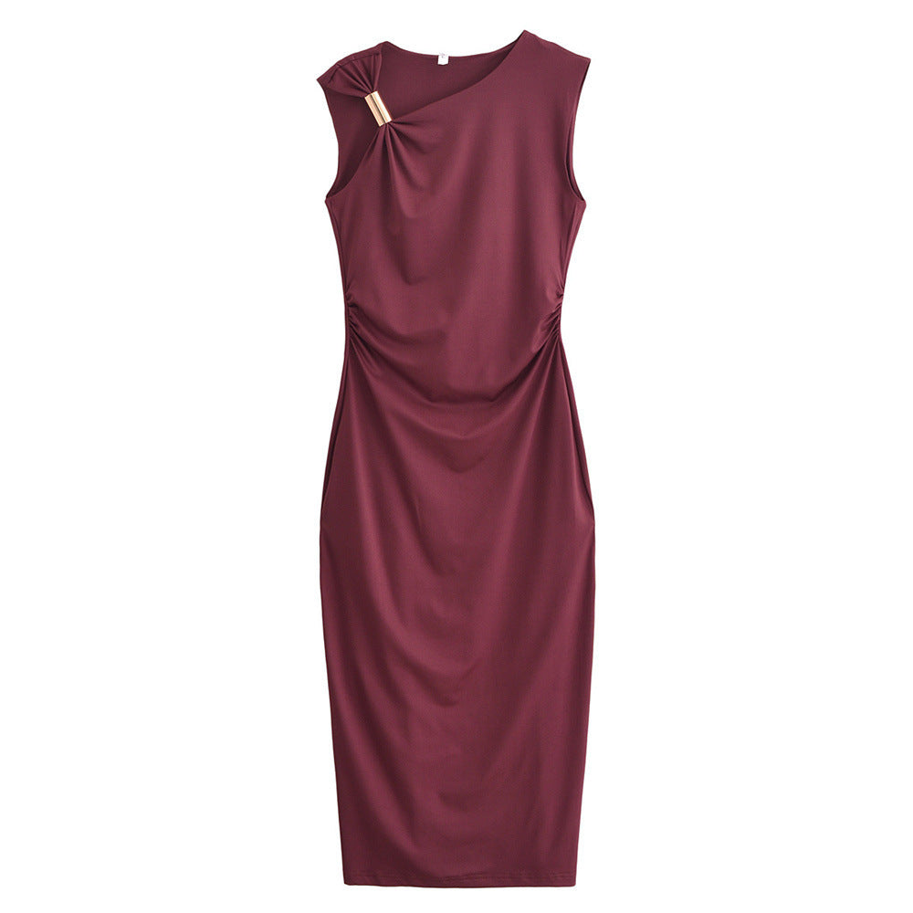 Maroon dress with a bow detail on a white background
