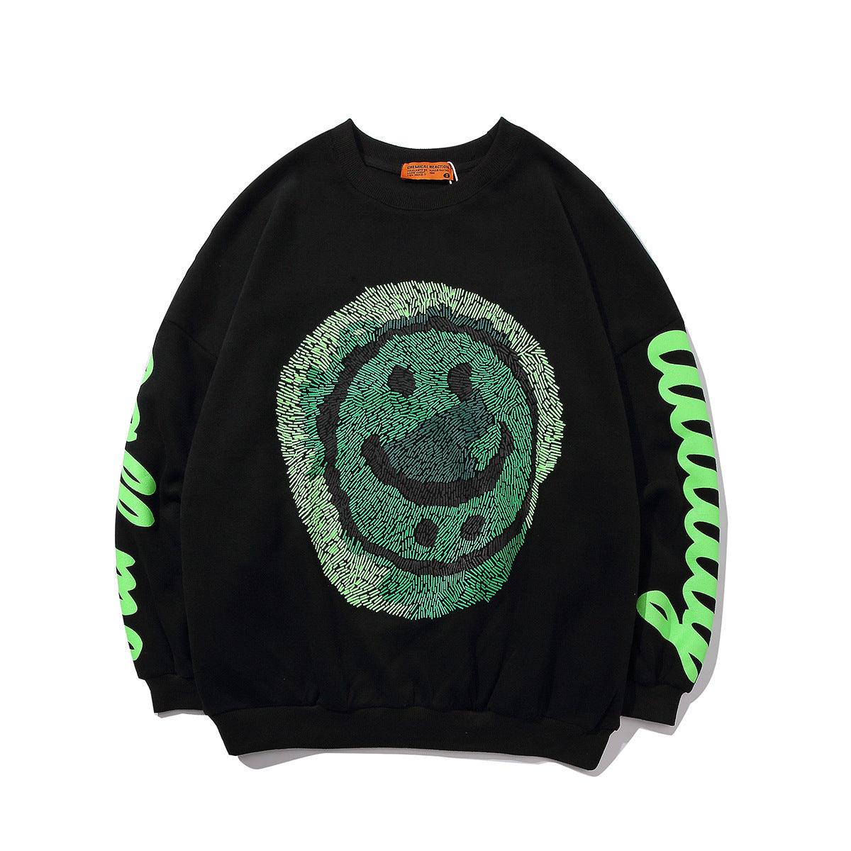 Oversized Smiley Face Graphic Sweatshirt – Bold Black Pullover with Neon Green Print My Store  28.78