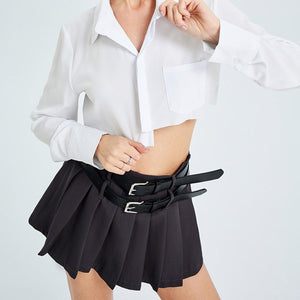 High Waist Slimming Double Belt Pleated Skirt My Store 