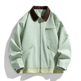 Men’s Contrast Color Washed Polo Collar Jacket - Loose Fit Cotton Long Sleeve My Store  77.05