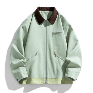 Men’s Contrast Color Washed Polo Collar Jacket - Loose Fit Cotton Long Sleeve My Store  77.05