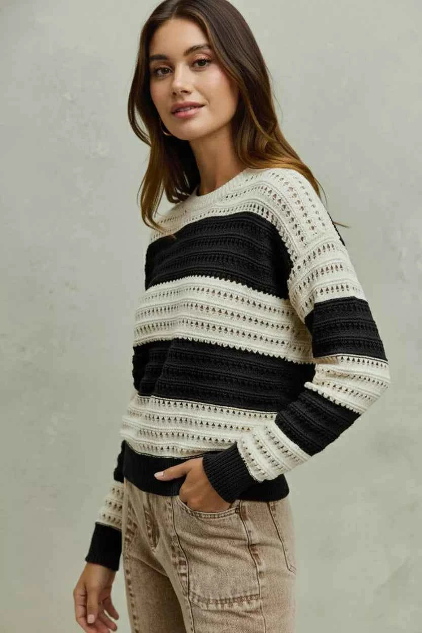 SO ME Openwork Round Neck Wide Stripe Textured Sweater