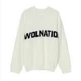 Solid Color Loose Knit Round Neck Letter Sweater - White, Khaki, Green My Store  35.84