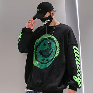 Oversized Smiley Face Graphic Sweatshirt – Bold Black Pullover with Neon Green Print My Store 