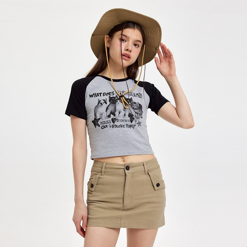 Cat T-shirt Color-block Raglan Sleeves American Retro Crew Neck Cropped Cropped