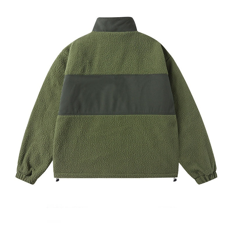 Green fleece jacket with black accents on a white background