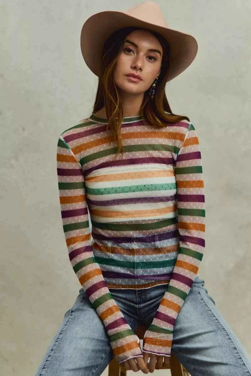 SO ME Mardi Gras Color Stripe Stretch Mesh Top