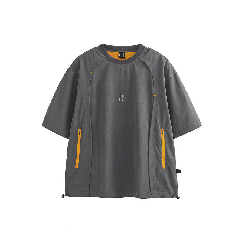 Gray short-sleeve shirt with yellow zippers on a white background