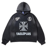 Vintage Cross Letter Printed Distressed Hooded Sweater for Men - Loose Fit Pullover My Store  35.46