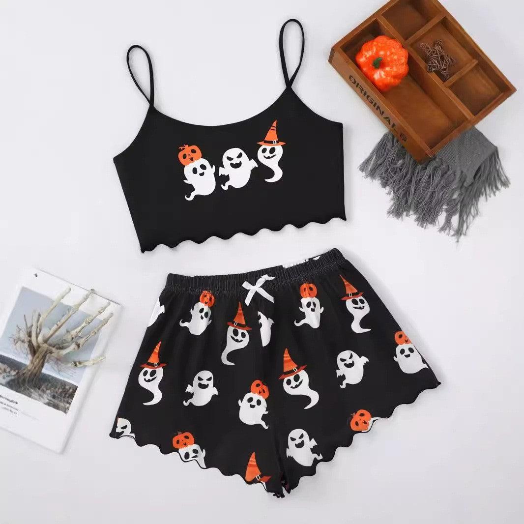 Halloween Pumpkin Print Sleeveless Sling Top and Shorts Pajama Set My Store  20.33