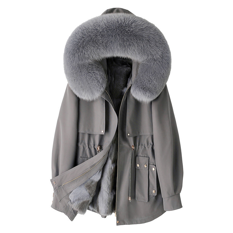 Gray parka coat with fur-lined hood on a white background