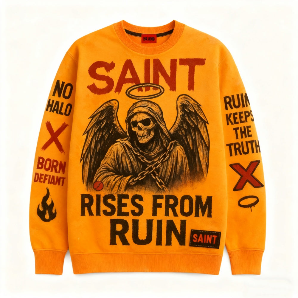 Orange sweatshirt with graphic design and text on a white background