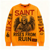 Orange sweatshirt with graphic design and text on a white background