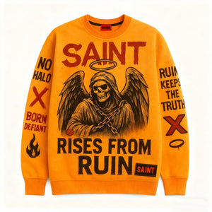 Orange sweatshirt with graphic design and text on a white background