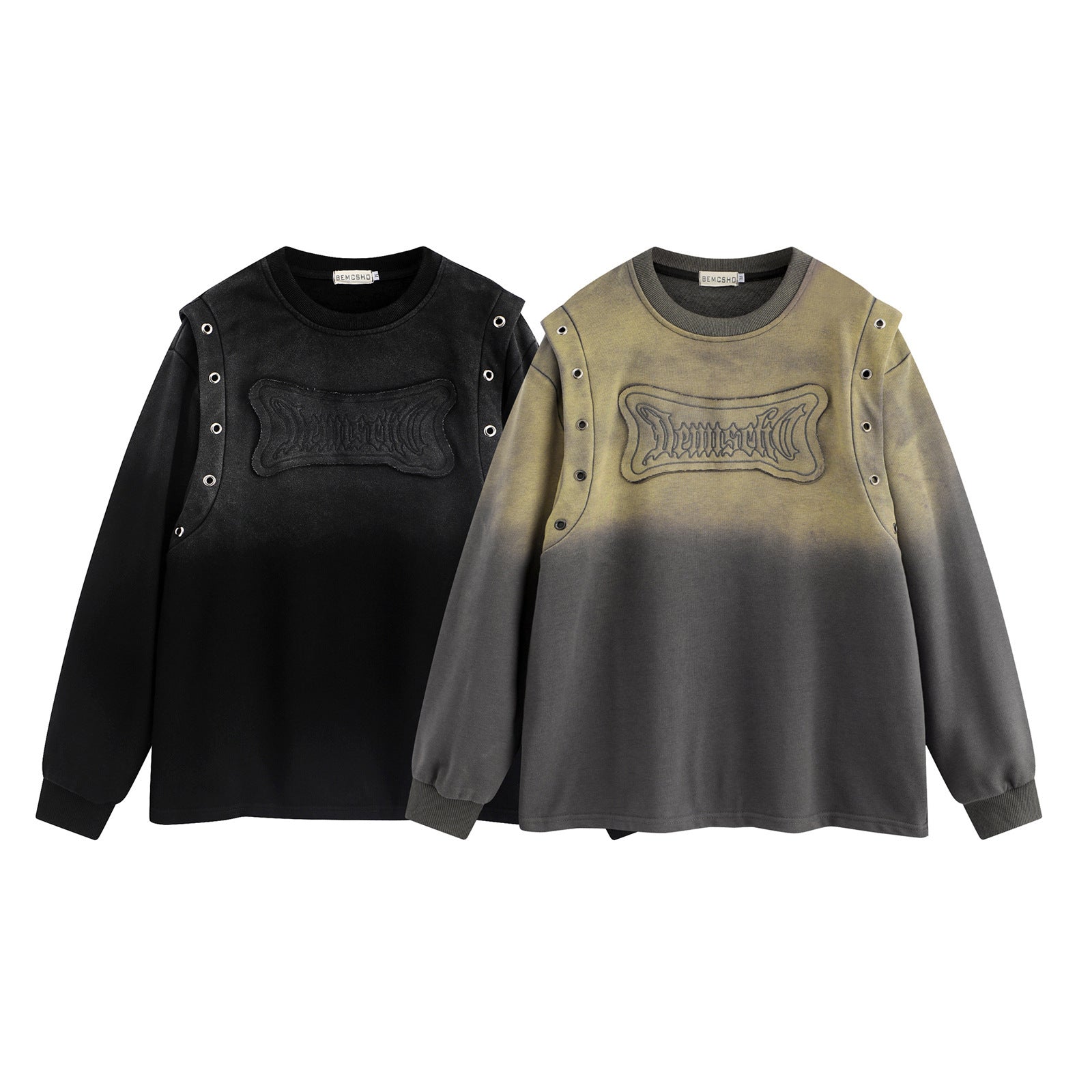 Two sweaters, one black and one gray with a gradient effect, on a white background.