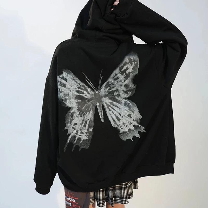 Hooded Zipper Letter Butterfly Print Fleece Cardigan Sweatshirt - Black My Store  24.40