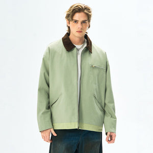 Men’s Contrast Color Washed Polo Collar Jacket - Loose Fit Cotton Long Sleeve My Store 