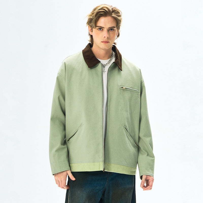 Men’s Contrast Color Washed Polo Collar Jacket - Loose Fit Cotton Long Sleeve My Store 