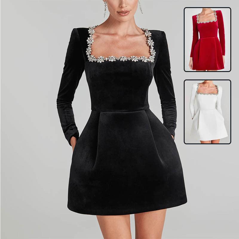 Elegant Square Neck Long-Sleeve Dress – Rhinestone Flower Design A-Line Dress