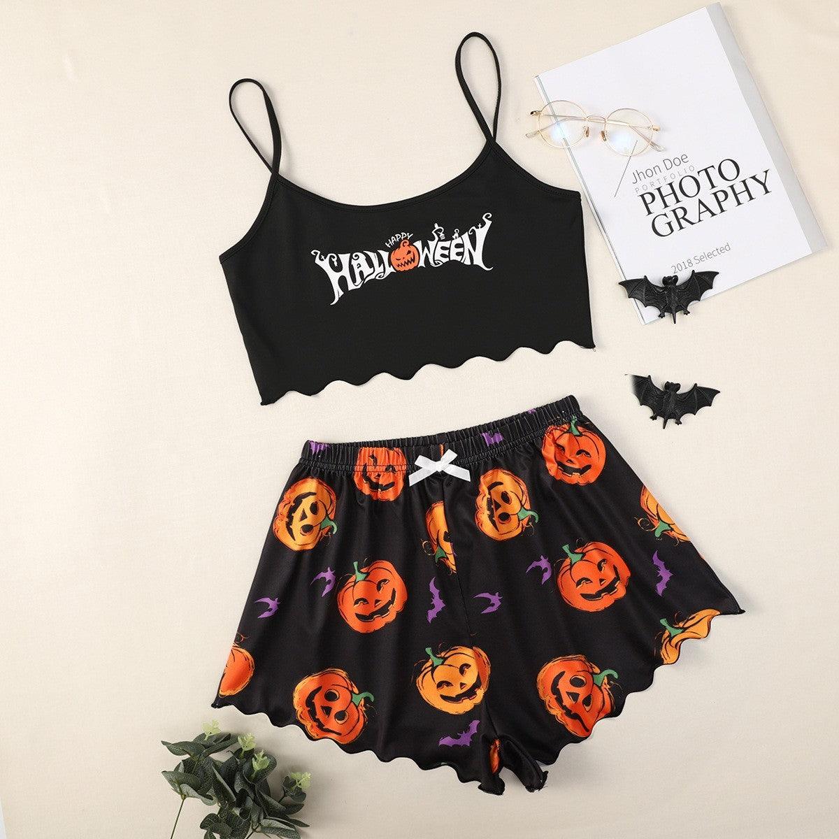 Halloween Pumpkin Print Sleeveless Sling Top and Shorts Pajama Set My Store  20.33