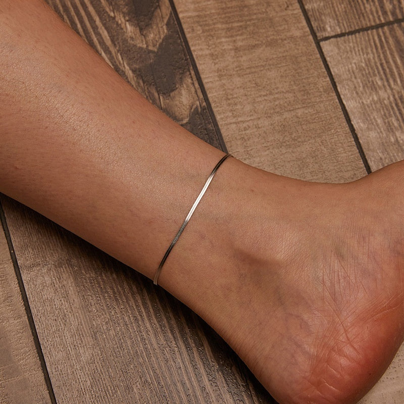 S925 Sterling Silver Snake Bone Anklet – Glossy Thin Anklet for Women