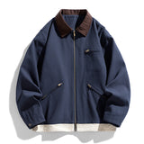 Men’s Contrast Color Washed Polo Collar Jacket - Loose Fit Cotton Long Sleeve My Store  77.05