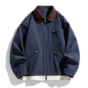 Men’s Contrast Color Washed Polo Collar Jacket - Loose Fit Cotton Long Sleeve My Store  77.05