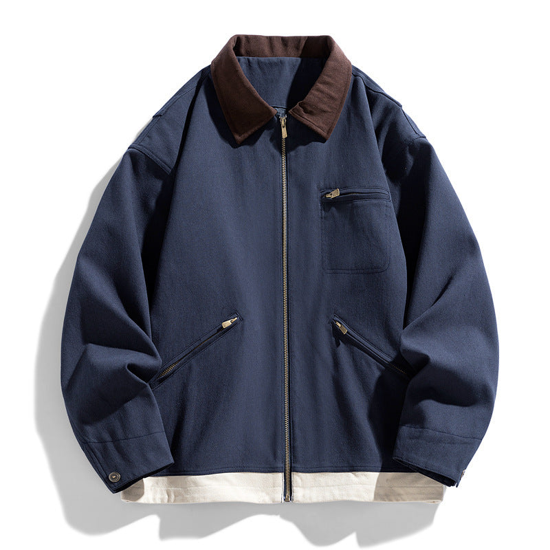 Men’s Contrast Color Washed Polo Collar Jacket - Loose Fit Cotton Long Sleeve My Store  77.05