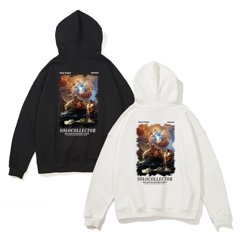 Black and white hoodies with a shared design on a white background