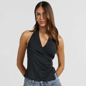 Women’s Suspender Top - V-Neck Pleated Navel My Store 