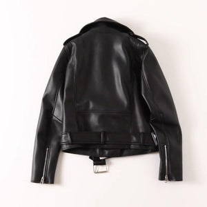 Women's Black PU Leather Zip Jacket – Stylish Acrylic Long-Sleeve Outerwear - MRC STORE