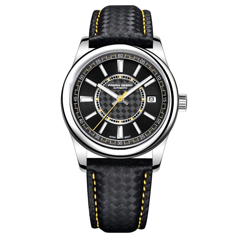 Watch with black strap and black dial on a white background