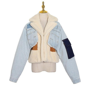 Fashion Stitching Loose Thick Casual Denim Lamb Wool Short Coat My Store 