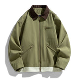 Men’s Contrast Color Washed Polo Collar Jacket - Loose Fit Cotton Long Sleeve My Store  77.05