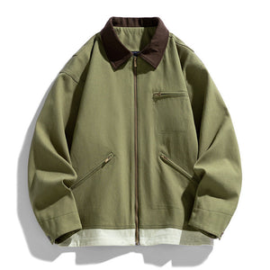 Men’s Contrast Color Washed Polo Collar Jacket - Loose Fit Cotton Long Sleeve My Store  77.05