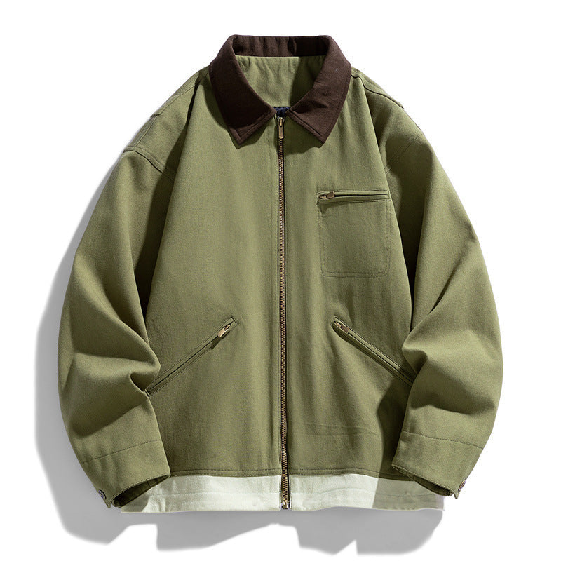 Men’s Contrast Color Washed Polo Collar Jacket - Loose Fit Cotton Long Sleeve My Store  77.05