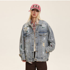 Unisex Washed Graffiti Ripped Denim Jacket - Retro My Store  39.00