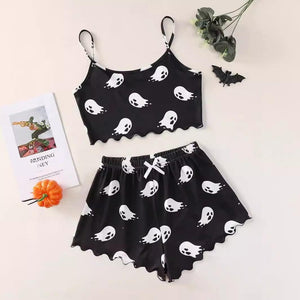 Halloween Pumpkin Print Sleeveless Sling Top and Shorts Pajama Set My Store  20.33