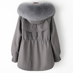 Gray parka coat with a fur-lined hood on a white background