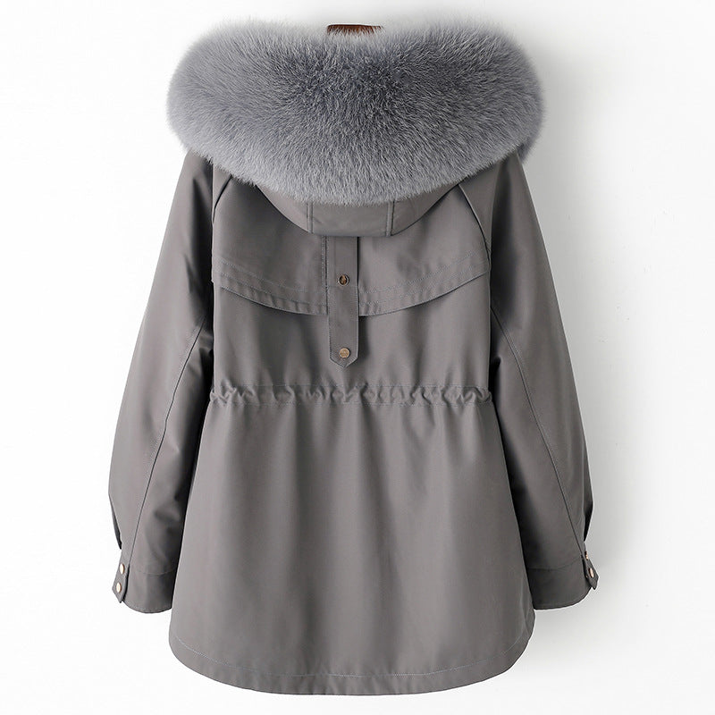 Gray parka coat with a fur-lined hood on a white background