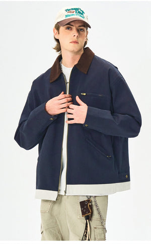 Men’s Contrast Color Washed Polo Collar Jacket - Loose Fit Cotton Long Sleeve My Store 