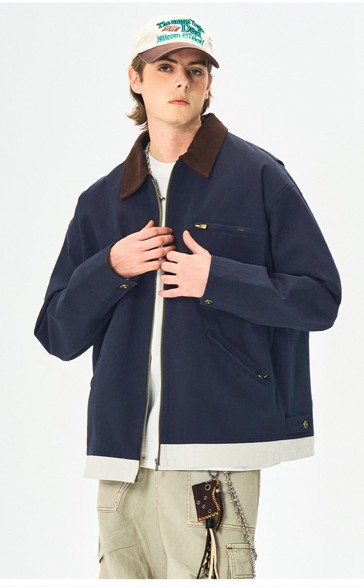 Men’s Contrast Color Washed Polo Collar Jacket - Loose Fit Cotton Long Sleeve My Store 